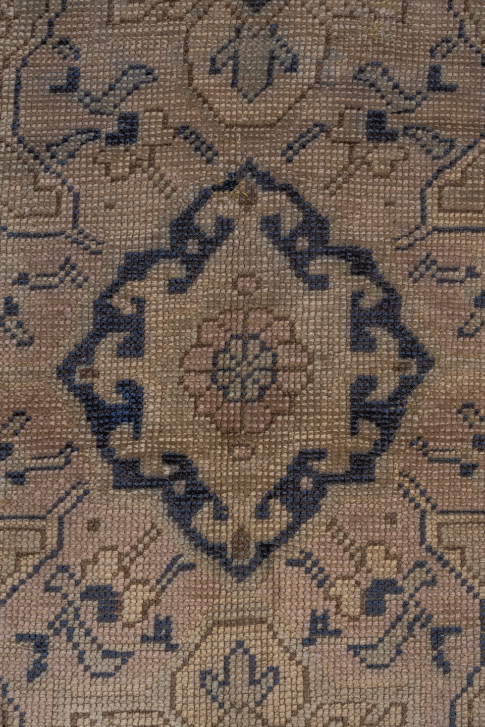 13' x 18' one-of-a-kind handmade antique Oushak oversize rug. Color palette: ivory, indigo, taupe, slate, beige, purple