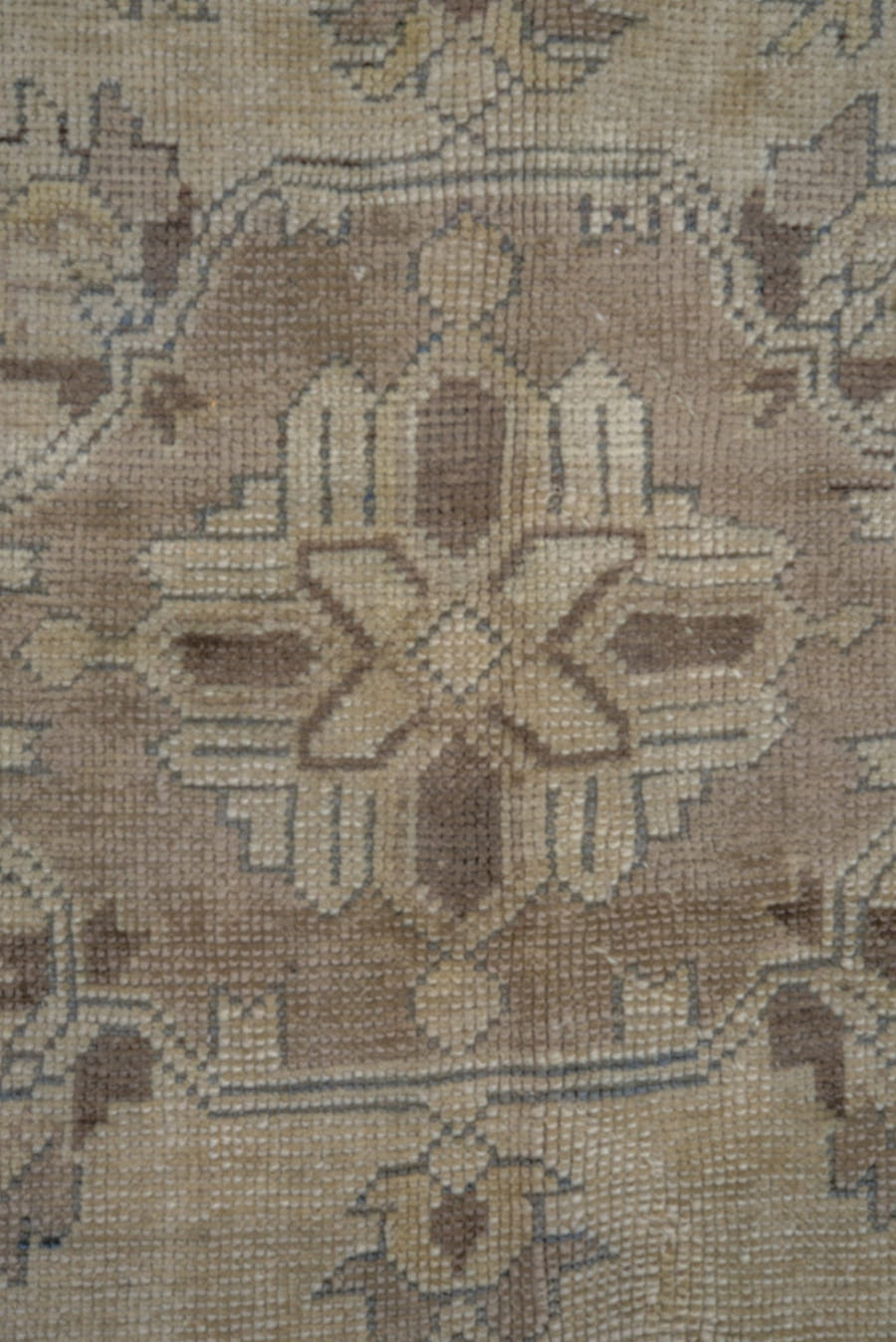 9' x 12' one-of-a-kind handmade antique Oushak large size rug. Color palette: ivory, taupe, beige, brown, pale blue, camel