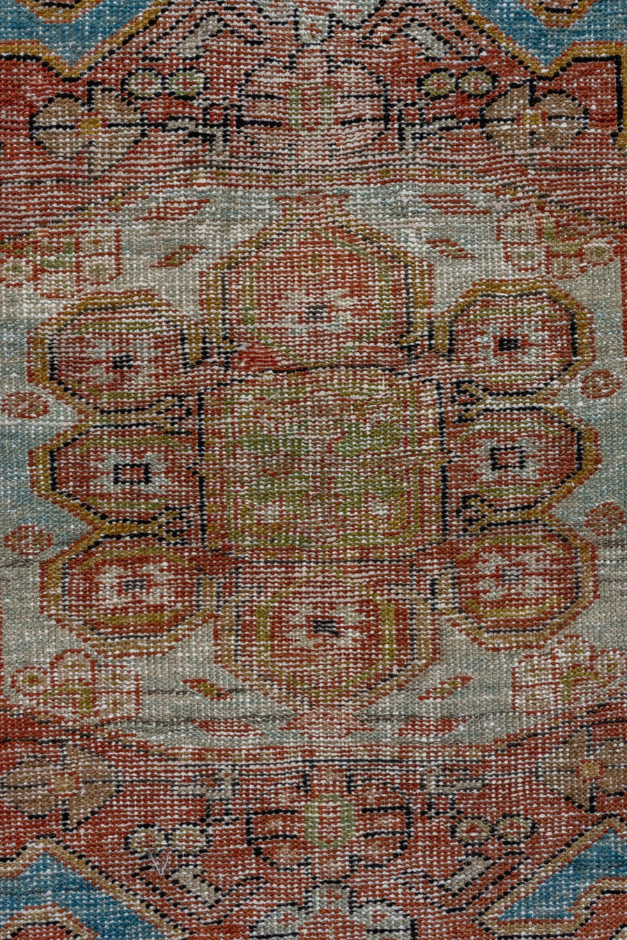 4' x 6' one-of-a-kind handmade antique Veece small size rug. Color palette: sky blue, terra cotta, ivory, rust, soft gold