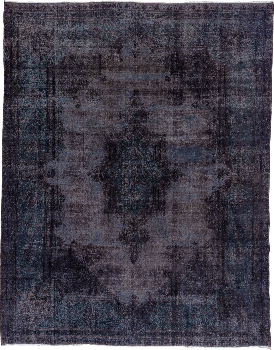 10' x 12' one-of-a-kind handmade antique Overdyed large size rug. Color palette: charcoal, indigo, slate, teal, ink, blue