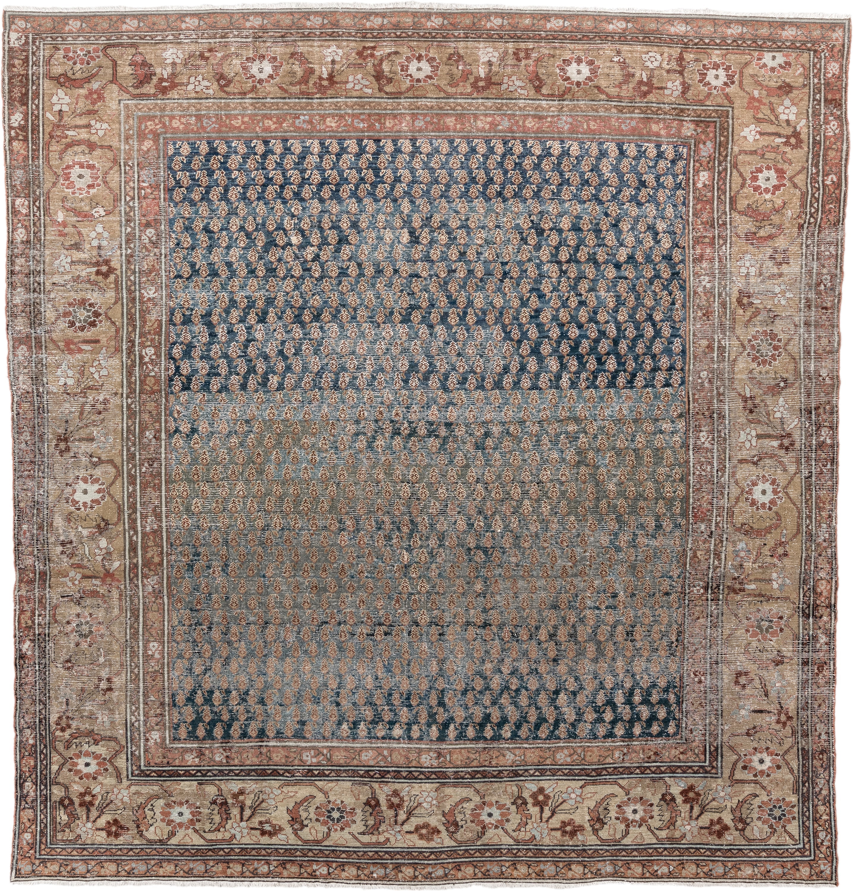 9' x 10' one-of-a-kind handmade vintage Mahal large size rug. Color palette: blue, ivory, rust, taupe, rose, brown