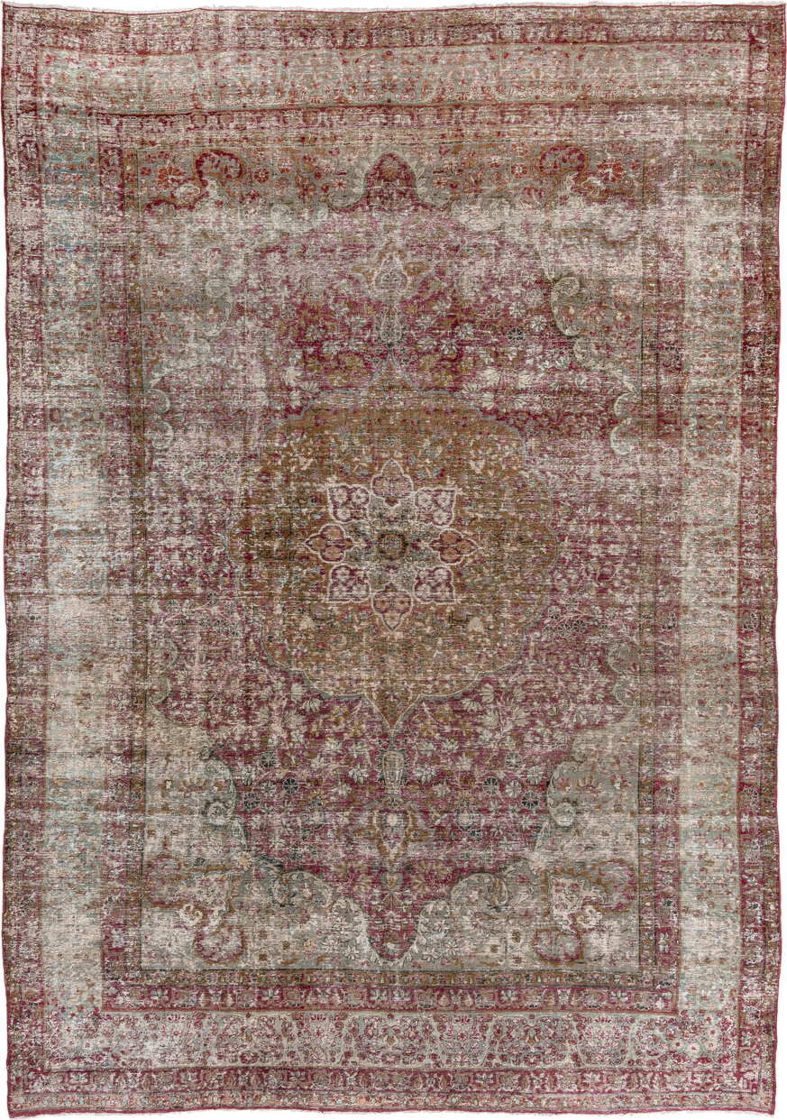 9' x 13' one-of-a-kind handmade antique Lavar large size rug. Color palette: rose, ivory, taupe, terra cotta, dusty pink