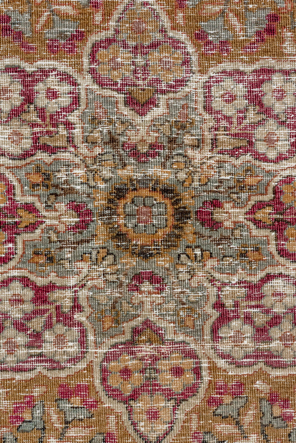 9' x 13' one-of-a-kind handmade antique Lavar large size rug. Color palette: rose, ivory, taupe, terra cotta, dusty pink