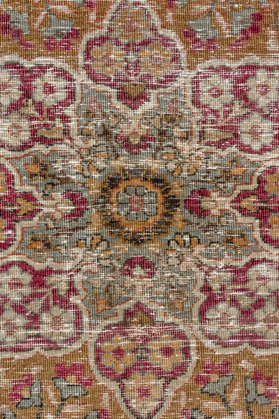 9' x 13' one-of-a-kind handmade antique Lavar large size rug. Color palette: rose, ivory, taupe, terra cotta, dusty pink