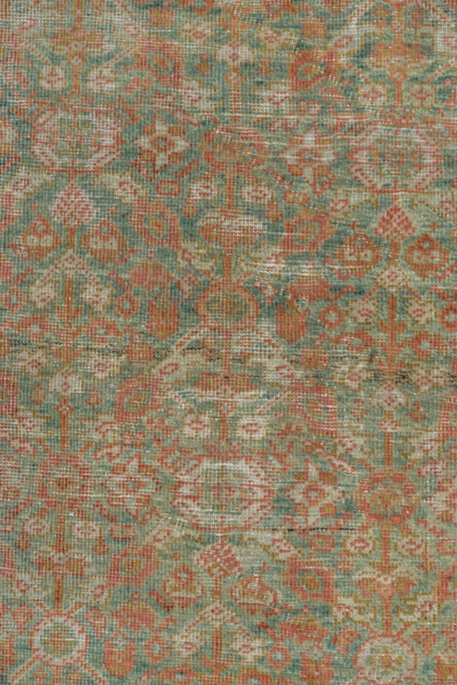 4' x 6' one-of-a-kind handmade antique Farahan small size rug. Color palette: seafoam, terra cotta, ivory, sage, rose, taupe