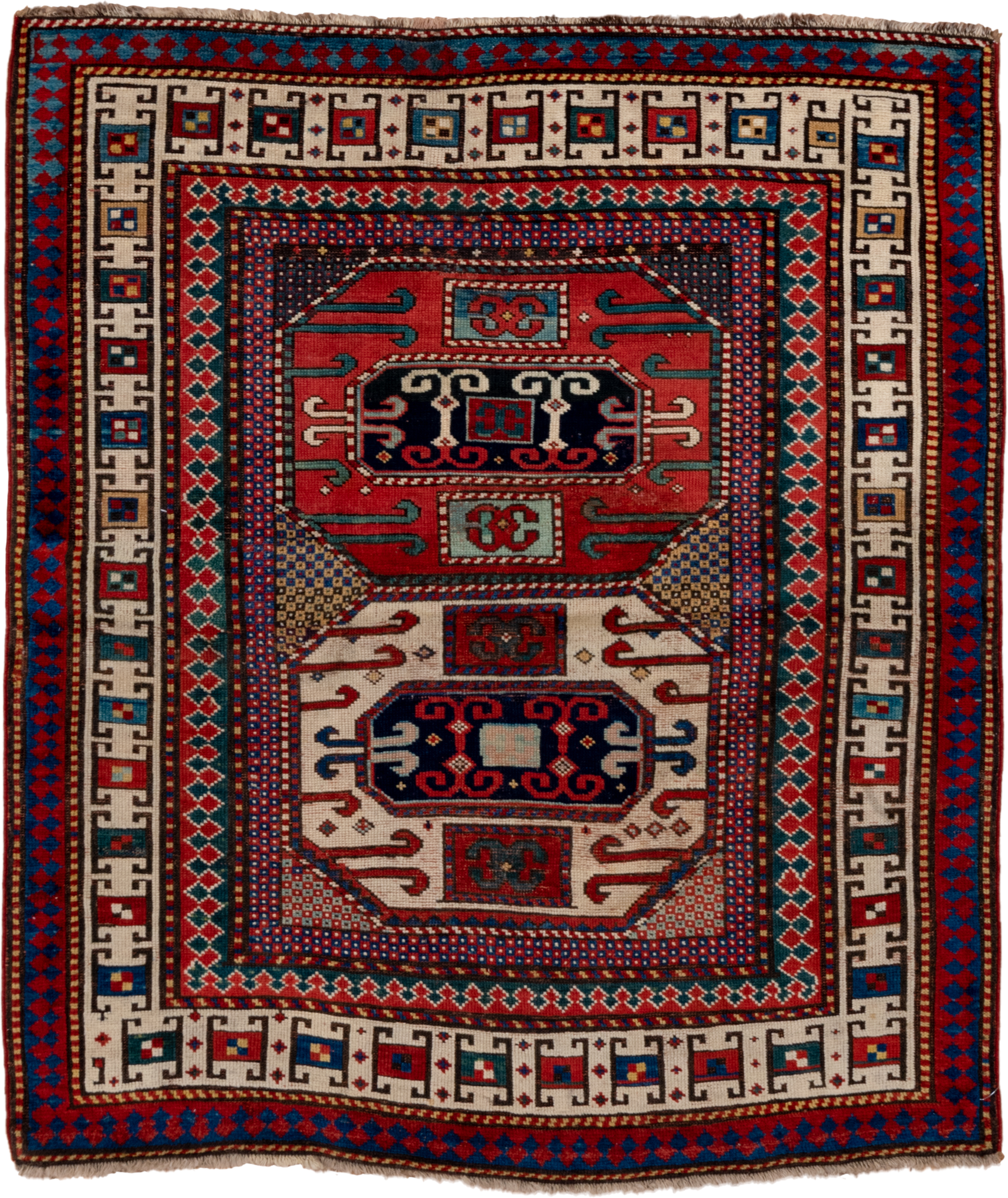 4' x 4' one-of-a-kind handmade antique Kazak small size rug. Color palette: ivory, red, navy, cobalt, teal, crimson, camel