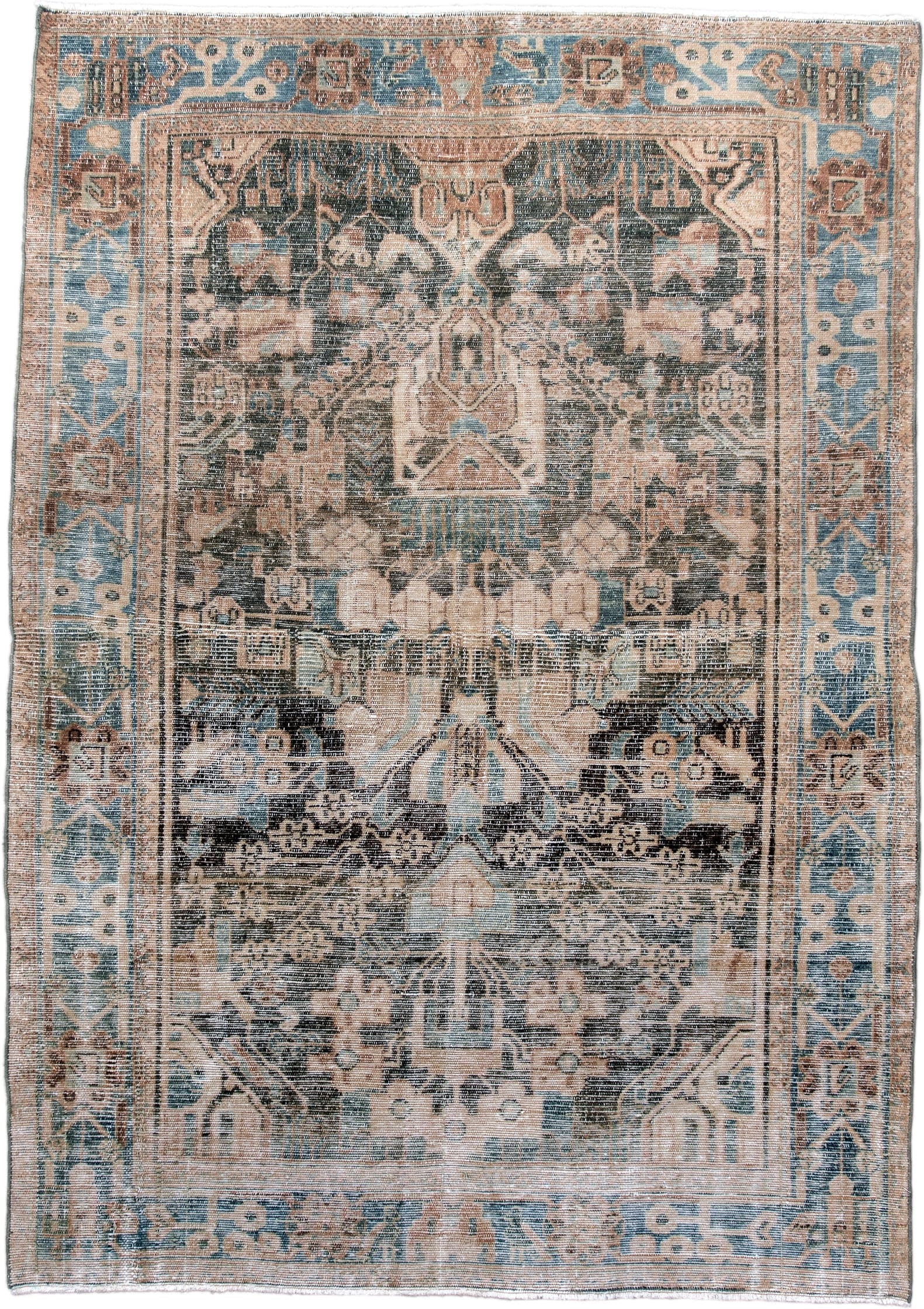 4' x 6' one-of-a-kind handmade antique Malayer small size rug. Color palette: ivory, sky blue, taupe, charcoal, beige, camel