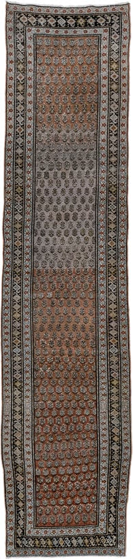 3' x 14' one-of-a-kind handmade antique Malayer runner rug. Color palette: ivory, rust, charcoal, taupe, camel, brown, slate