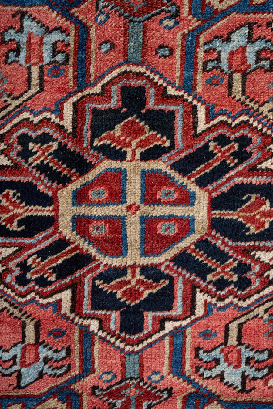 9' x 12' one-of-a-kind handmade vintage Heriz large size rug. Color palette: rust, navy, ivory, coral, slate_blue, rose