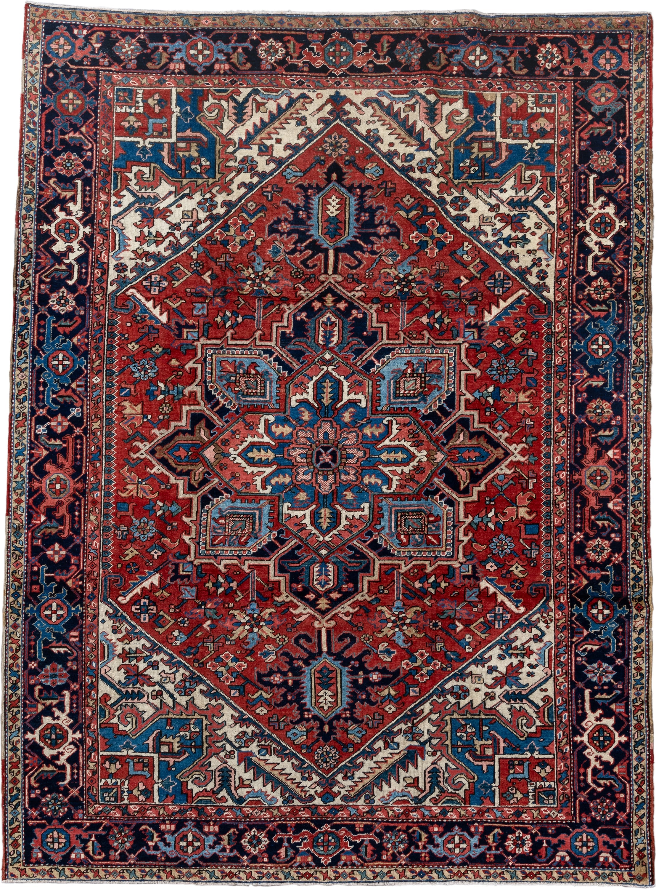 7' x 10' one-of-a-kind handmade antique Heriz large size rug. Color palette: rust, navy, ivory, sky_blue, coral, camel
