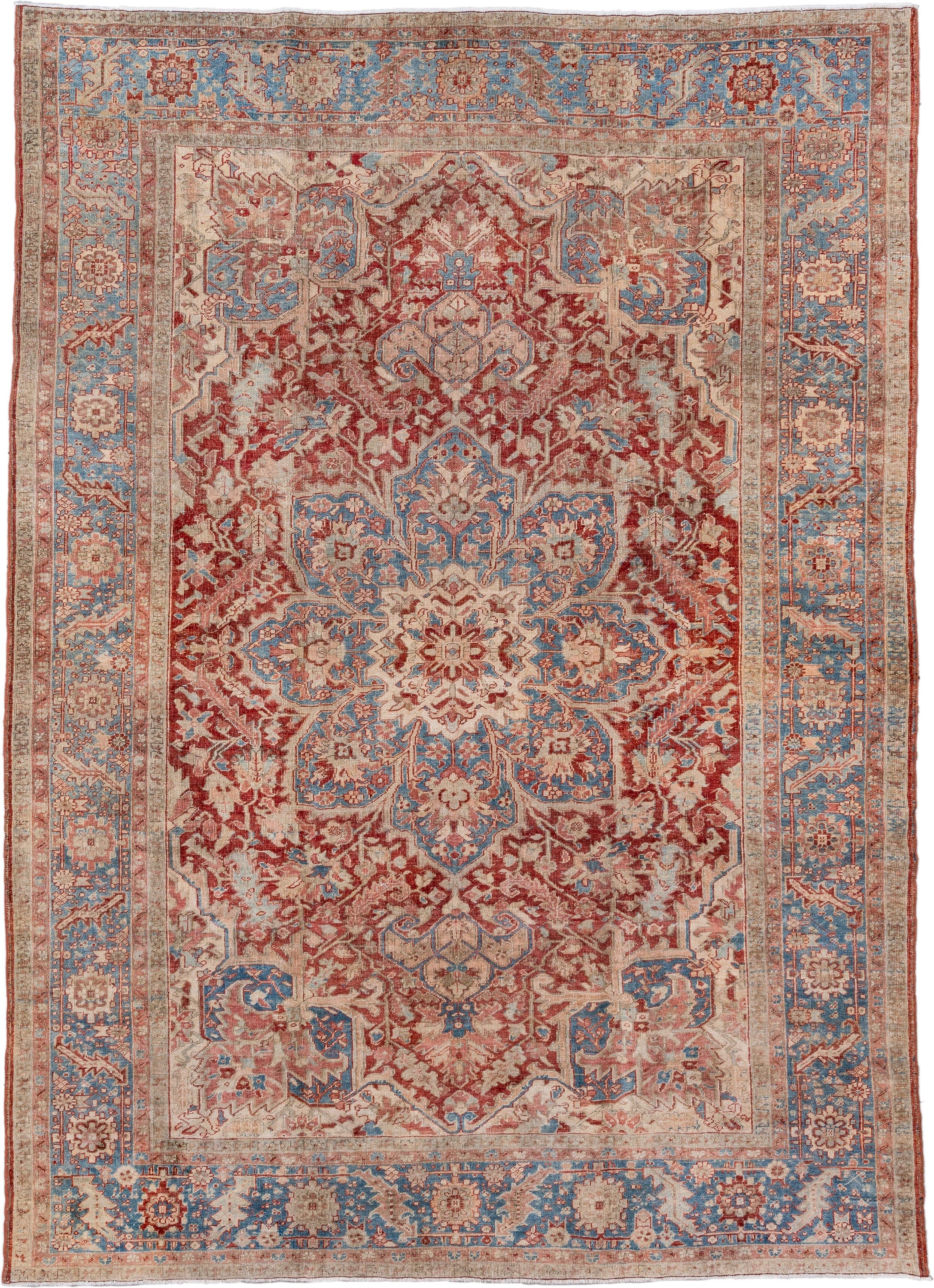 8' x 12' one-of-a-kind handmade antique Heriz large size rug. Color palette: rust, sky blue, ivory, beige, brick, camel
