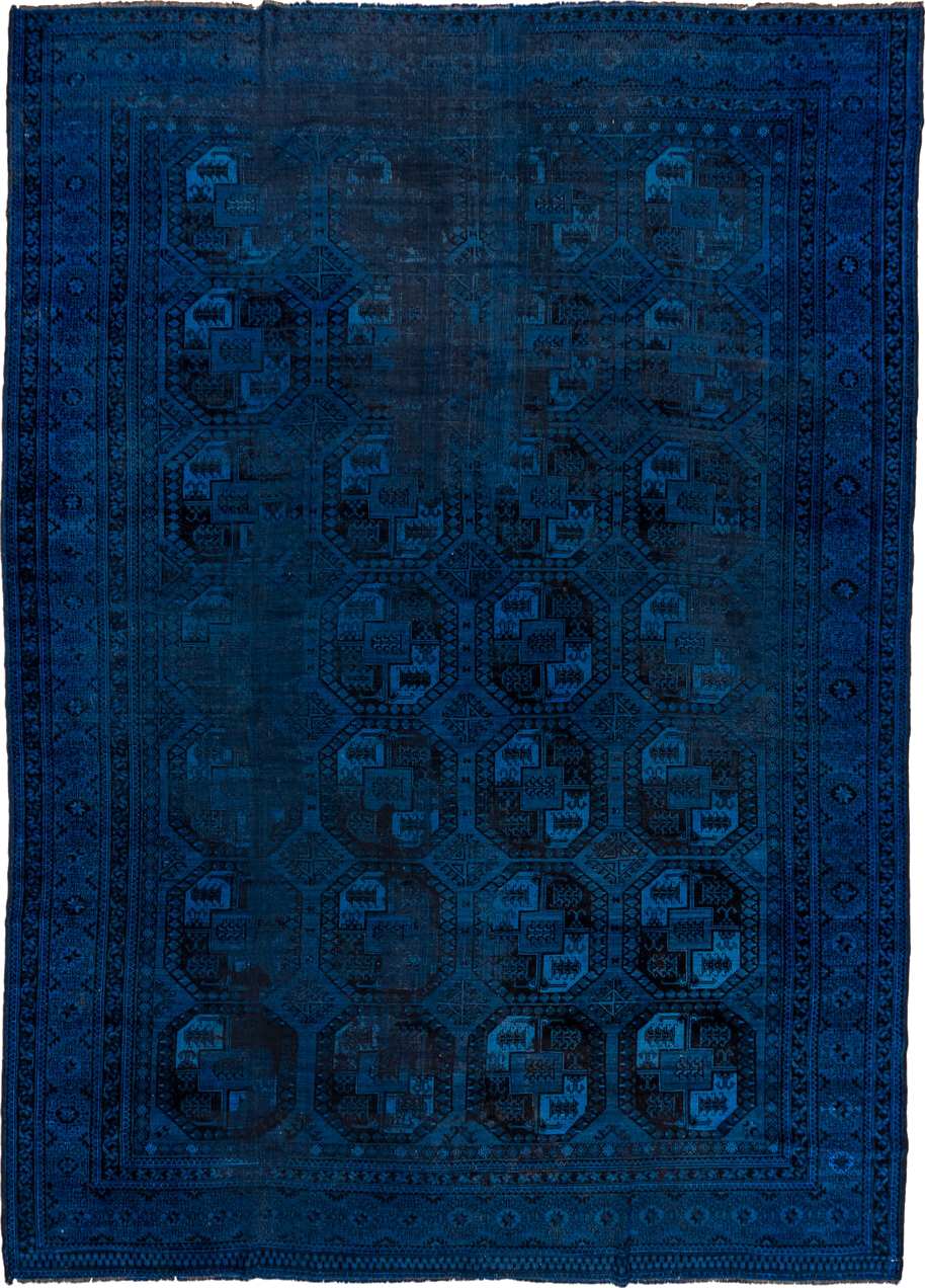 9' x 13' one-of-a-kind handmade vintage Overdyed large size rug. Color palette: blue, dim gray, gray, light gray, off-white