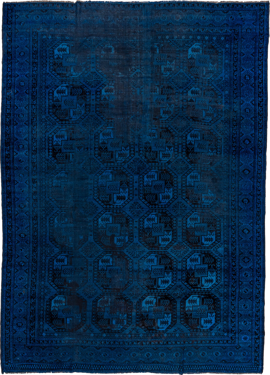 9' x 13' one-of-a-kind handmade antique Overdyed large size rug. Color palette: cobalt, navy, indigo, charcoal, ink blue