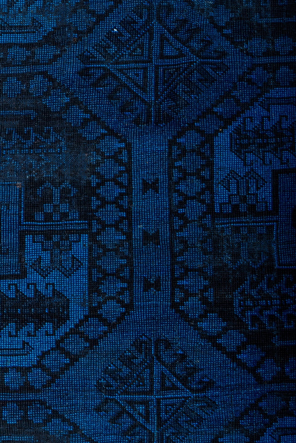 9' x 13' one-of-a-kind handmade antique Overdyed large size rug. Color palette: cobalt, navy, indigo, charcoal, ink blue