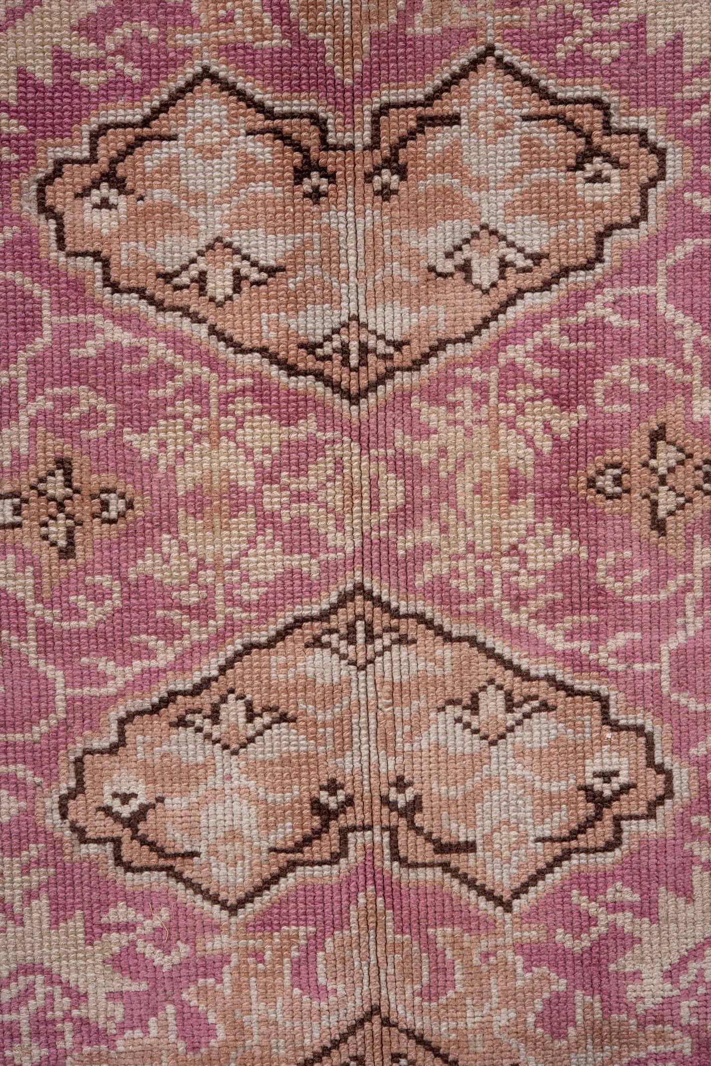 6' x 9' one-of-a-kind handmade antique Sivas medium size rug. Color palette: blush, rose, ivory, taupe, camel, brown, pink