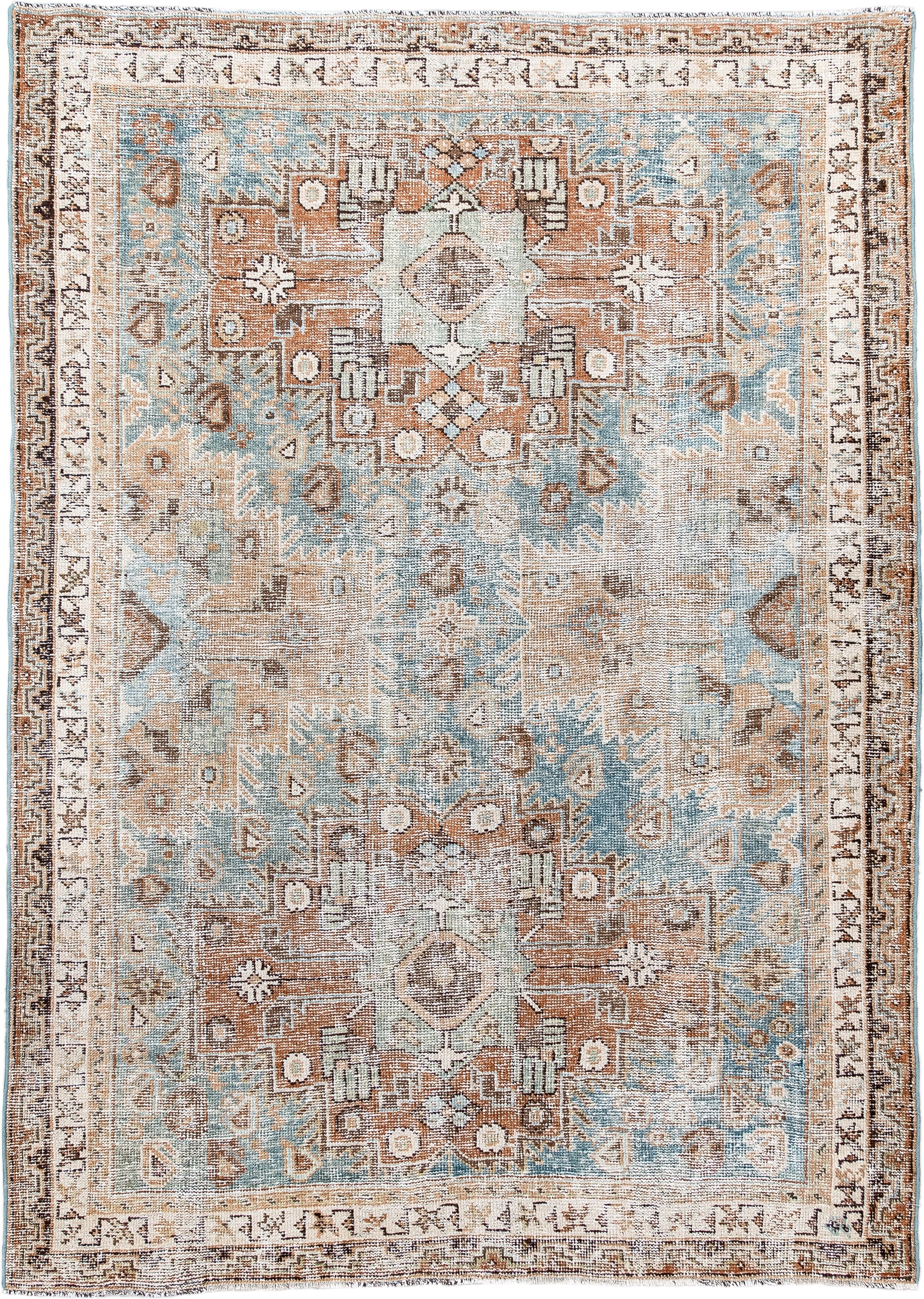 4' x 6' one-of-a-kind handmade antique Afshar small size rug. Color palette: ivory, light blue, camel, rust, taupe, brown