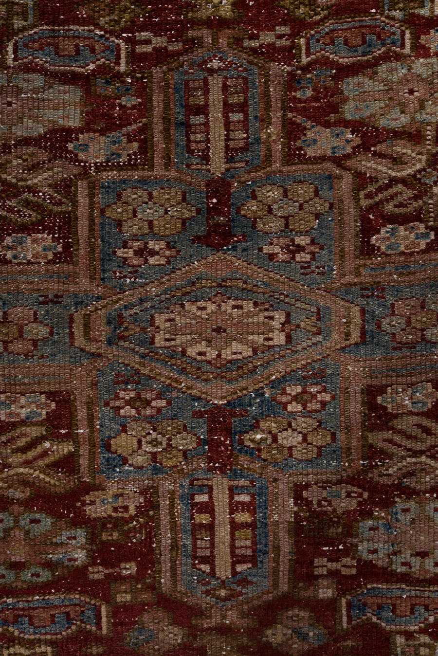 3' x 11' one-of-a-kind handmade antique Karaje runner rug. Color palette: rust, ivory, sky_blue, taupe, camel, slate