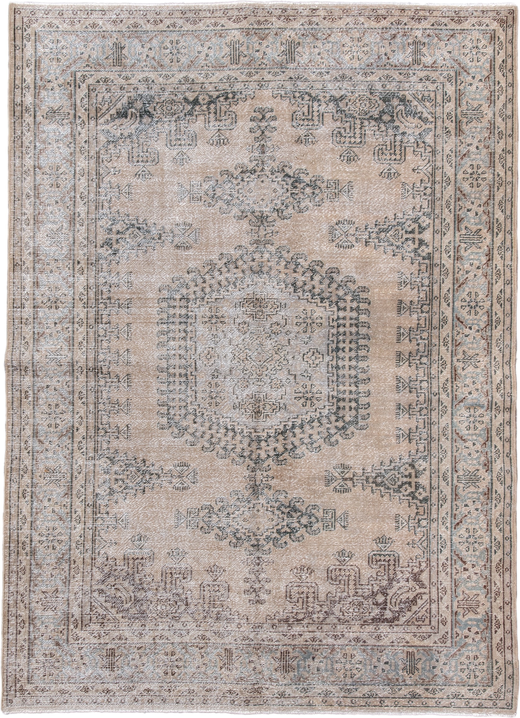 5' x 7' one-of-a-kind handmade antique Veece rug. Color palette: beige, ivory, taupe, slate, pale blue, brown, gray