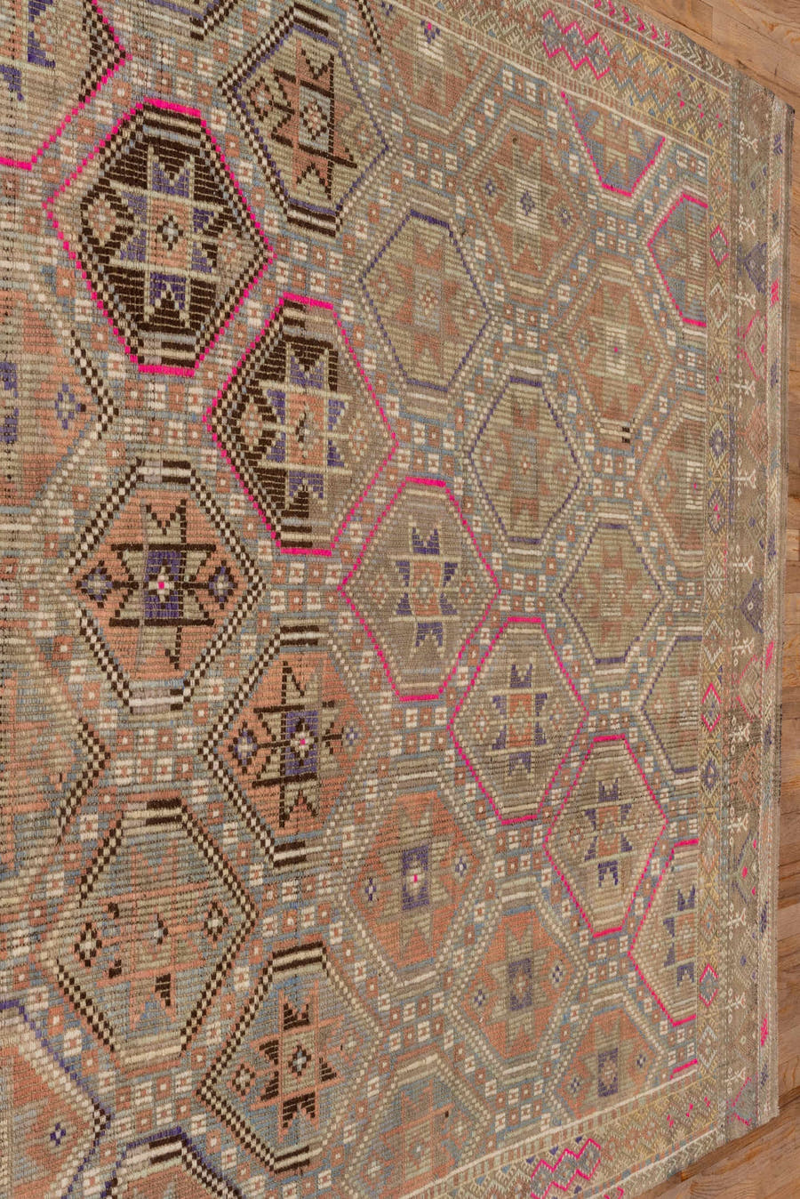 6' x 9' one-of-a-kind handmade antique Jijim medium size rug. Color palette: camel, taupe, rose, ivory, slate, violet, sand