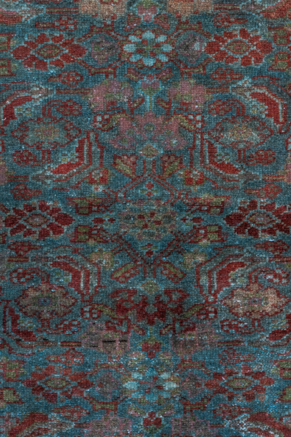 3' x 5' one-of-a-kind handmade vintage Malayer small size rug. Color palette: rust, teal, rose, burgundy, ivory, charcoal