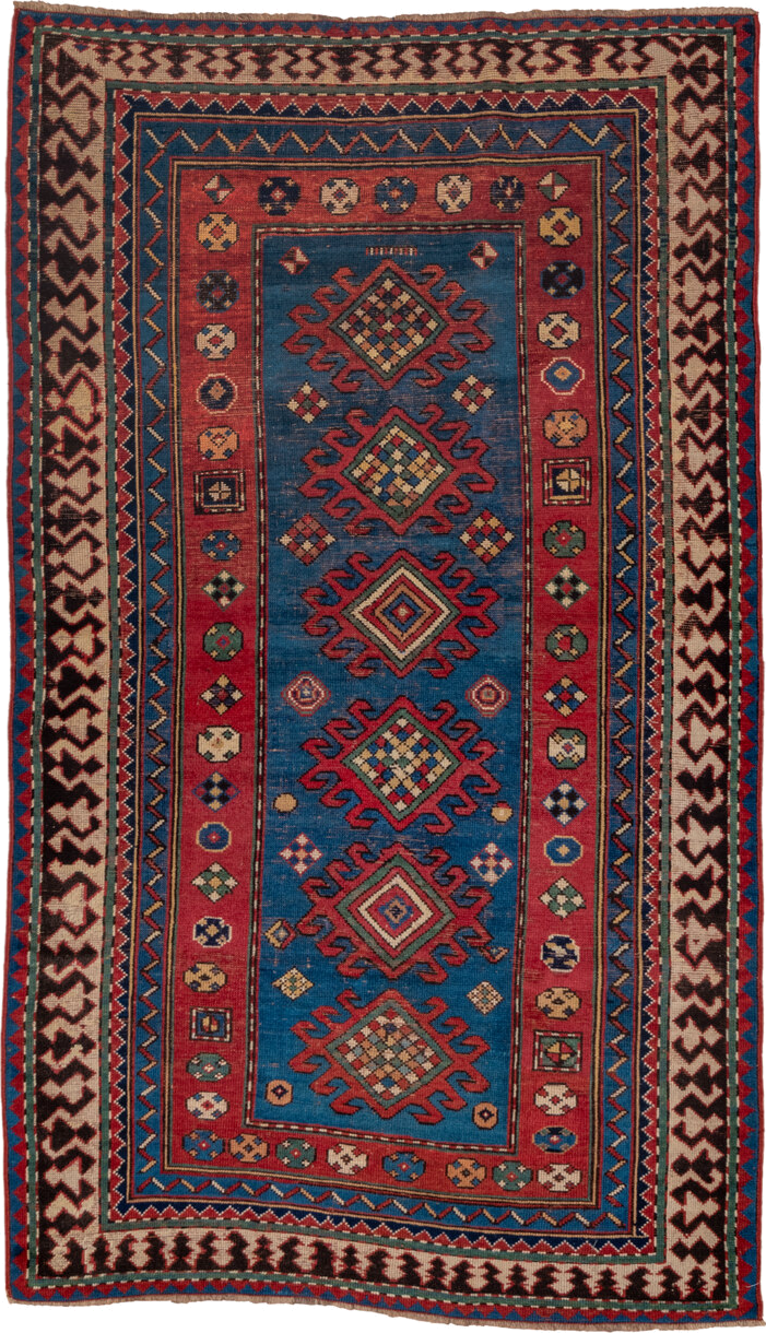 3' x 6' one-of-a-kind handmade vintage Kazak small size rug. Color palette: blue, brown, gray, pink, red
