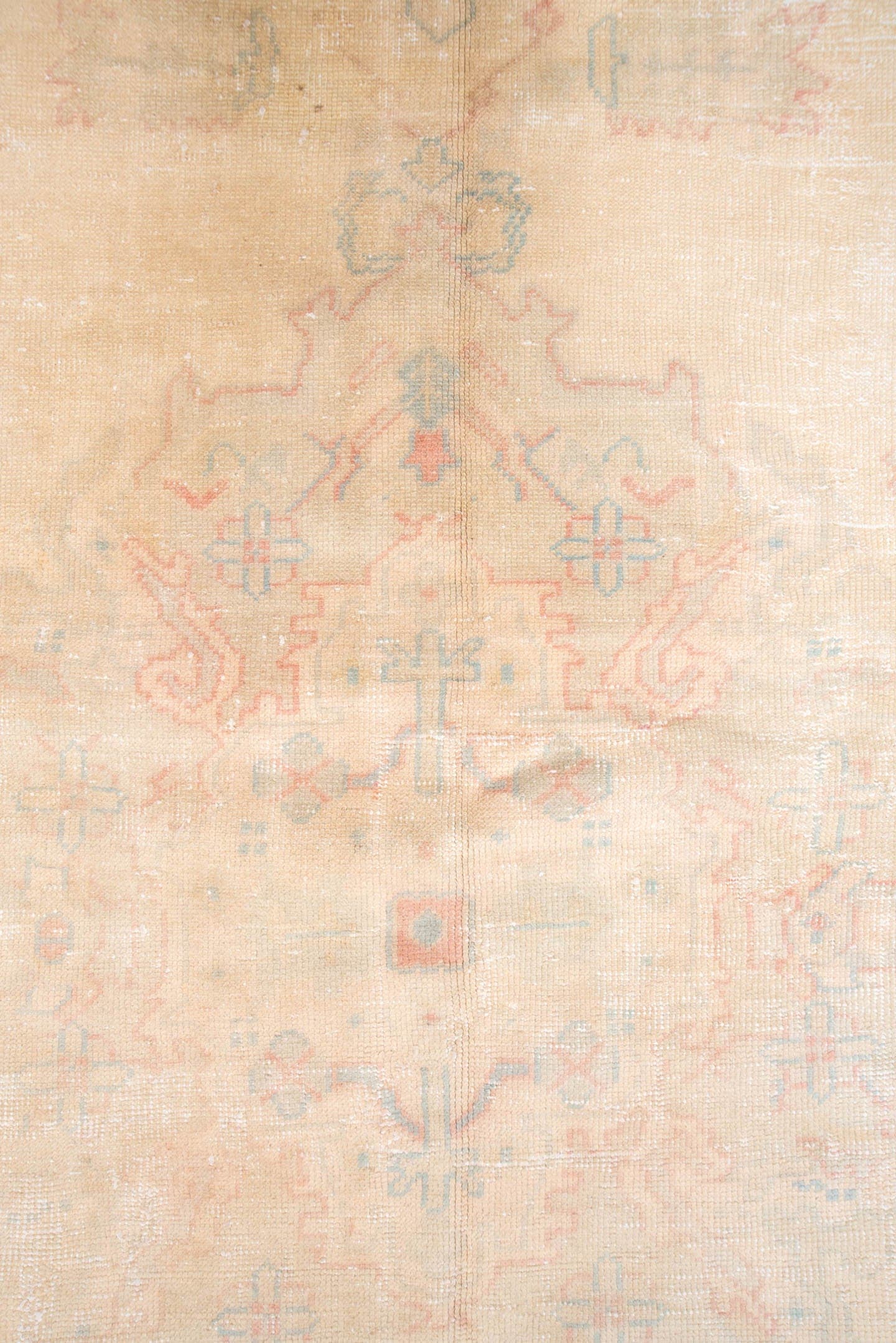 7' x 14' one-of-a-kind handmade antique Oushak large size rug. Color palette: apricot, ivory, peach, sage, taupe, rose