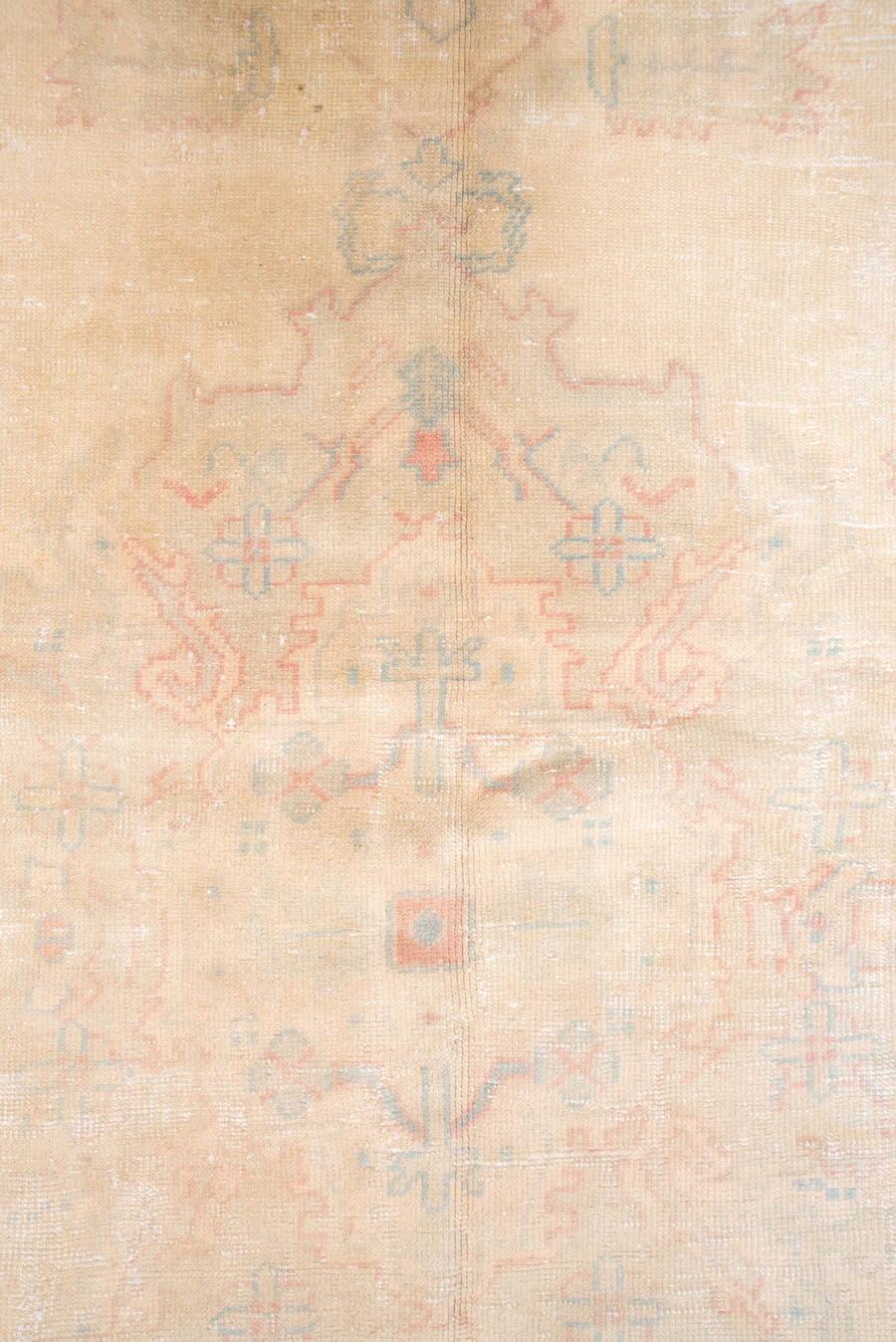 7' x 14' one-of-a-kind handmade antique Oushak large size rug. Color palette: apricot, ivory, peach, sage, taupe, rose