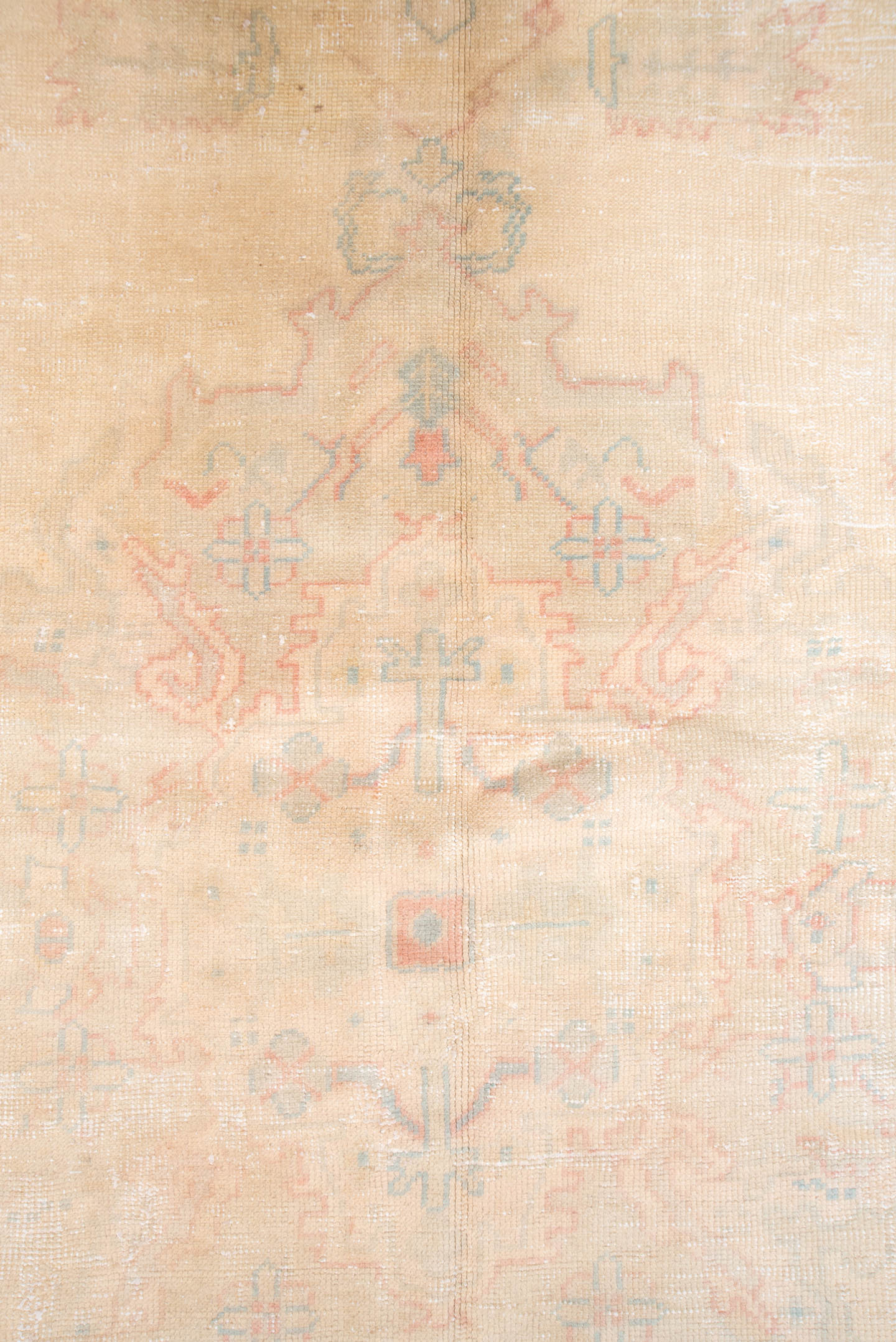 7' x 14' one-of-a-kind handmade antique Oushak large size rug. Color palette: apricot, ivory, peach, sage, taupe, rose
