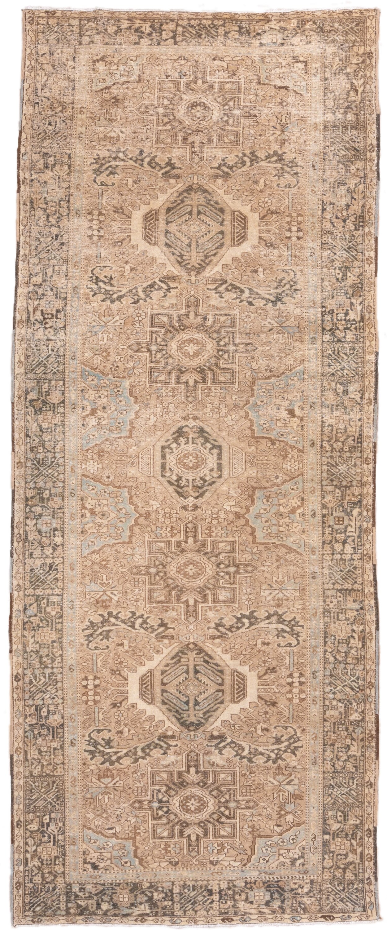 5' x 12' one-of-a-kind handmade antique Karaje runner rug. Color palette: ivory, taupe, camel, brown, pale blue, charcoal