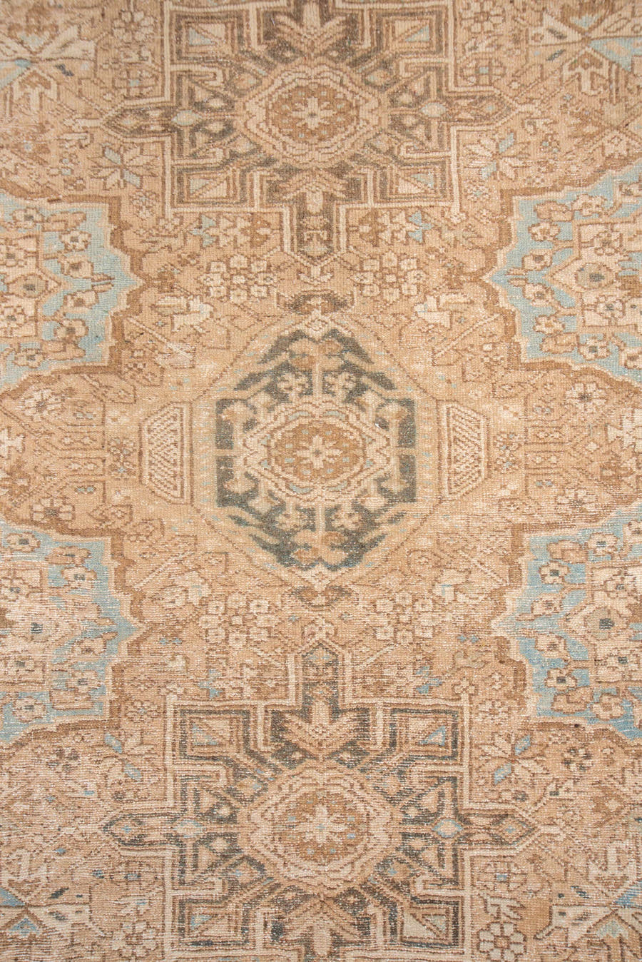 5' x 12' one-of-a-kind handmade antique Karaje runner rug. Color palette: ivory, taupe, camel, brown, pale blue, charcoal