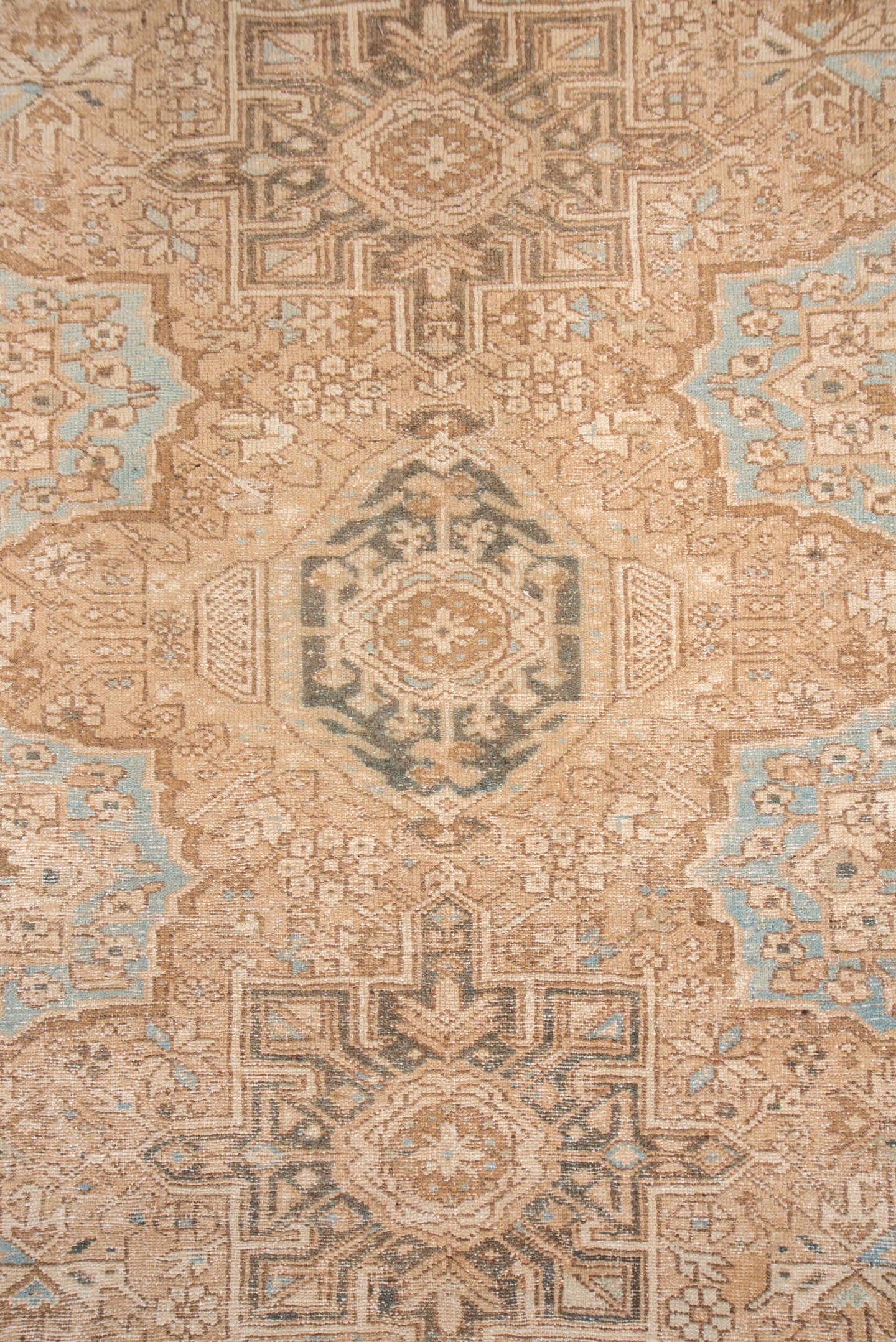 5' x 12' one-of-a-kind handmade antique Karaje runner rug. Color palette: ivory, taupe, camel, brown, pale blue, charcoal