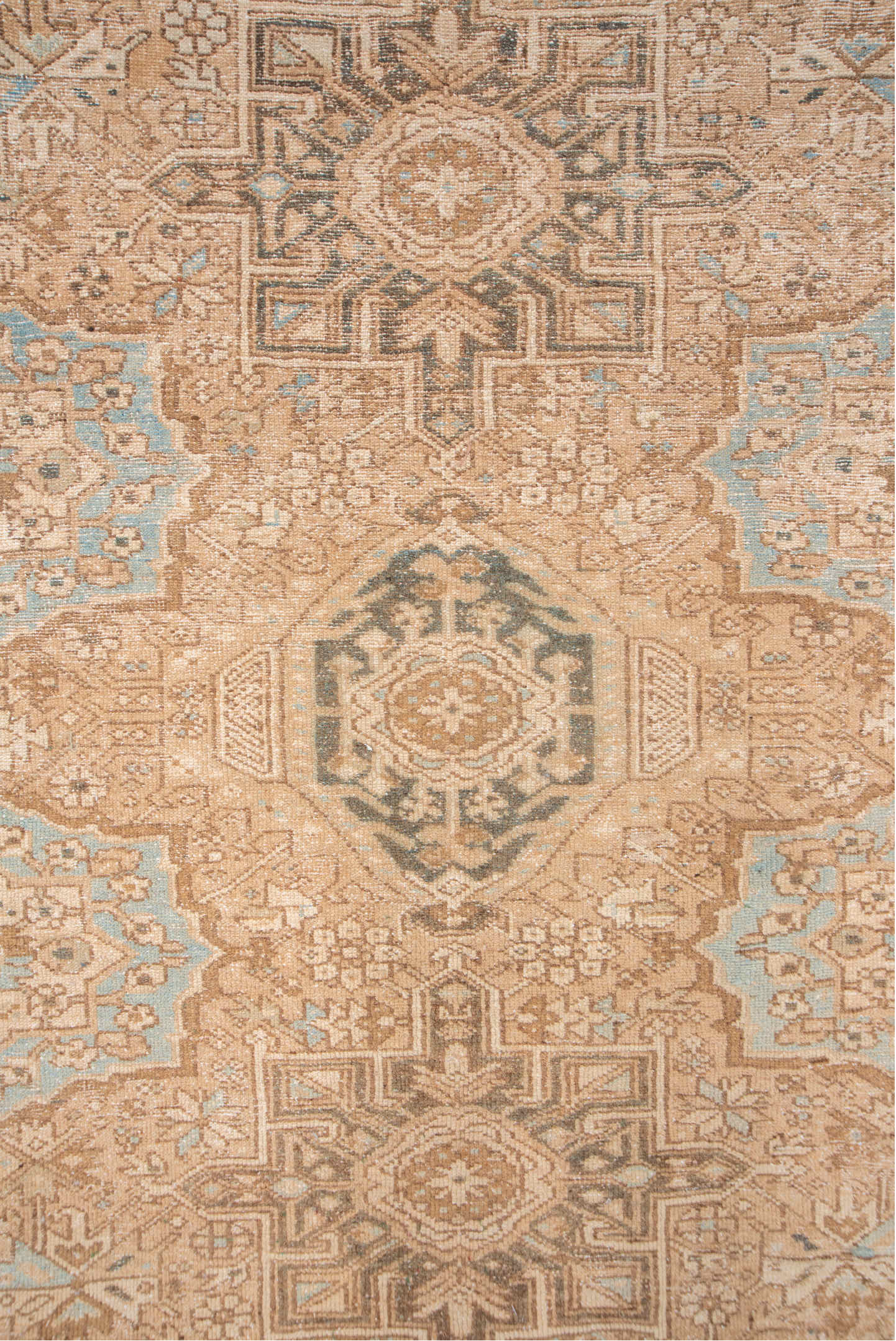 5' x 12' one-of-a-kind handmade vintage Karaje runner rug. Color palette: bisque, brown, gray, off-white, orange, pink
