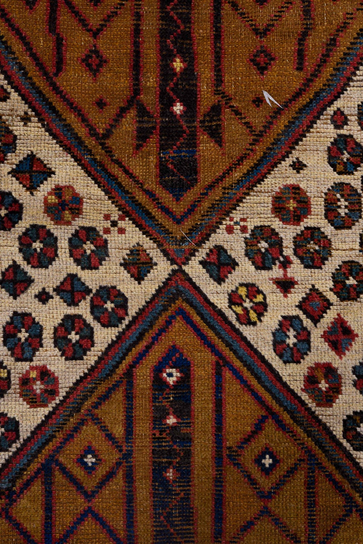 3' x 12' one-of-a-kind handmade antique Sarab runner rug. Color palette: camel, ivory, rust, navy, brick, sky_blue, brown