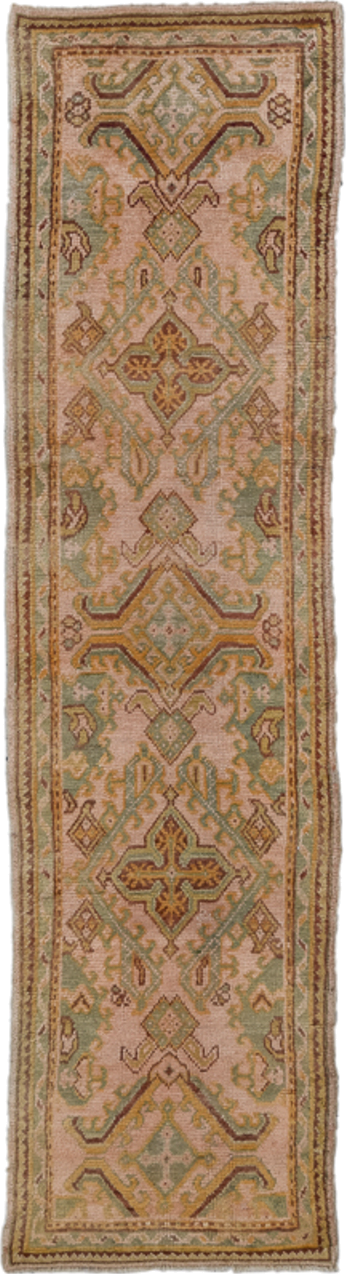 3' x 11' one-of-a-kind handmade antique Oushak runner rug. Color palette: blush, sage, gold, rust, ivory, taupe, camel, pink