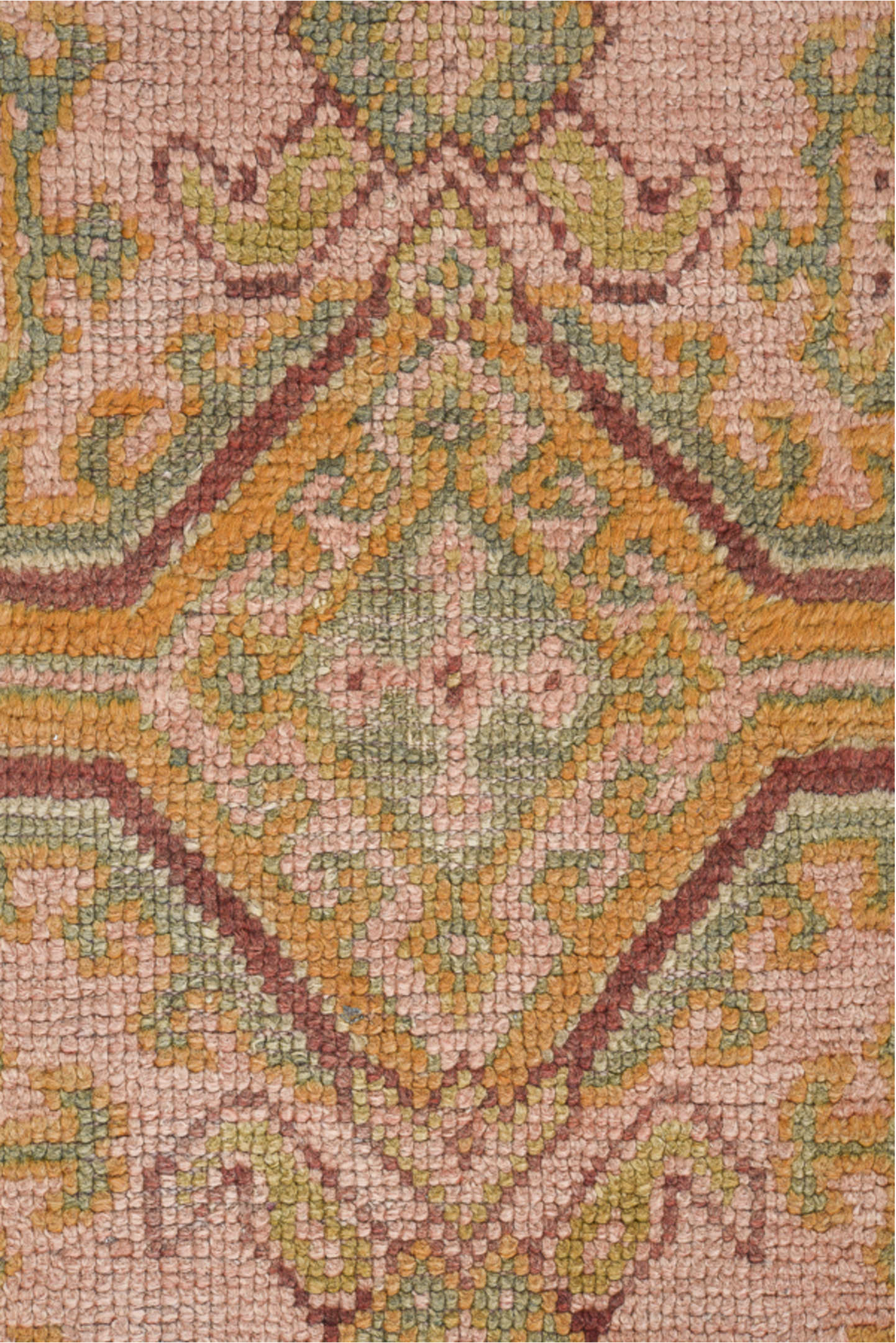 3' x 11' one-of-a-kind handmade antique Oushak runner rug. Color palette: blush, sage, gold, rust, ivory, taupe, camel, pink