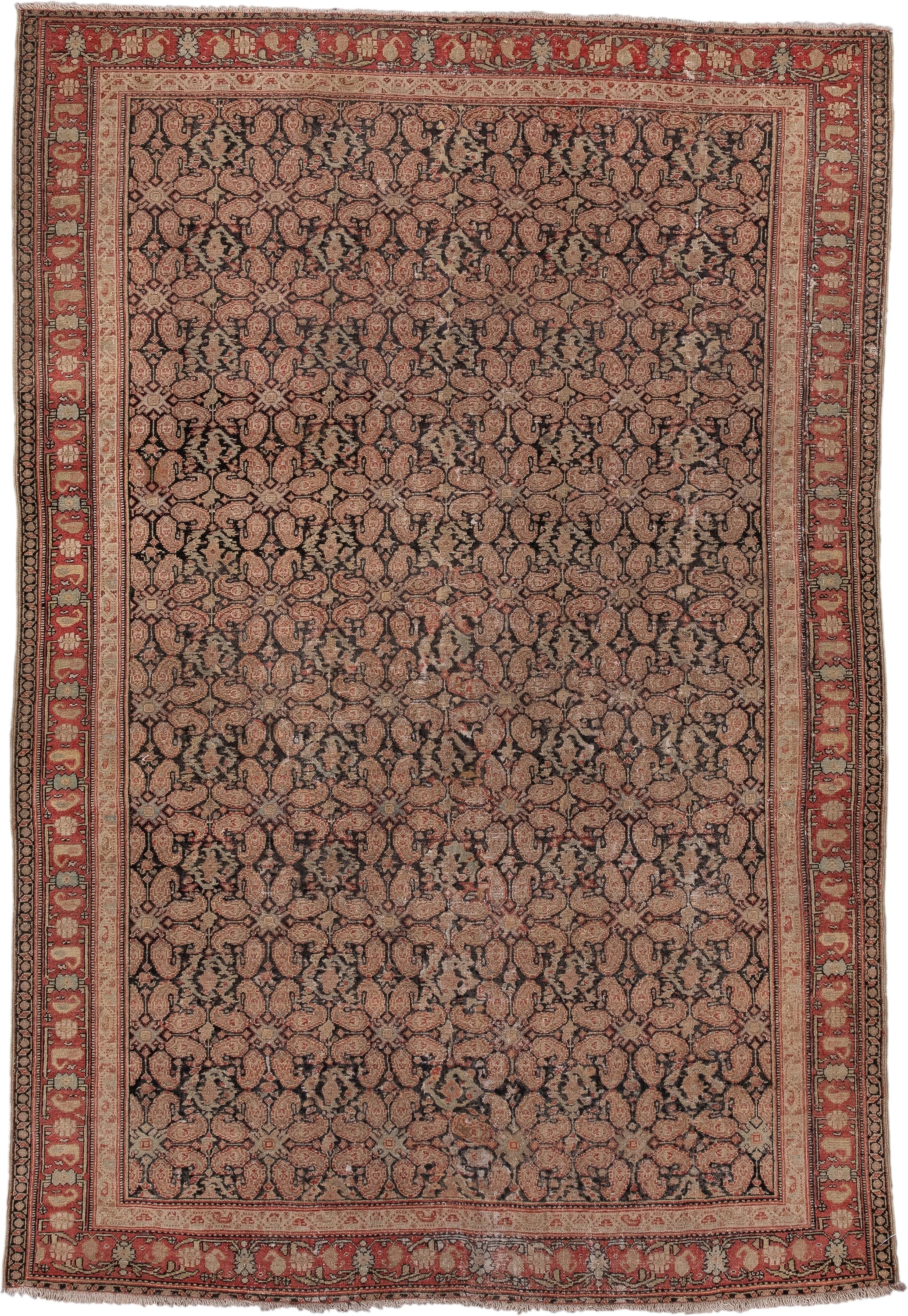 4' x 6' one-of-a-kind handmade antique Senne small size rug. Color palette: rose, rust, ivory, charcoal, taupe, terra cotta