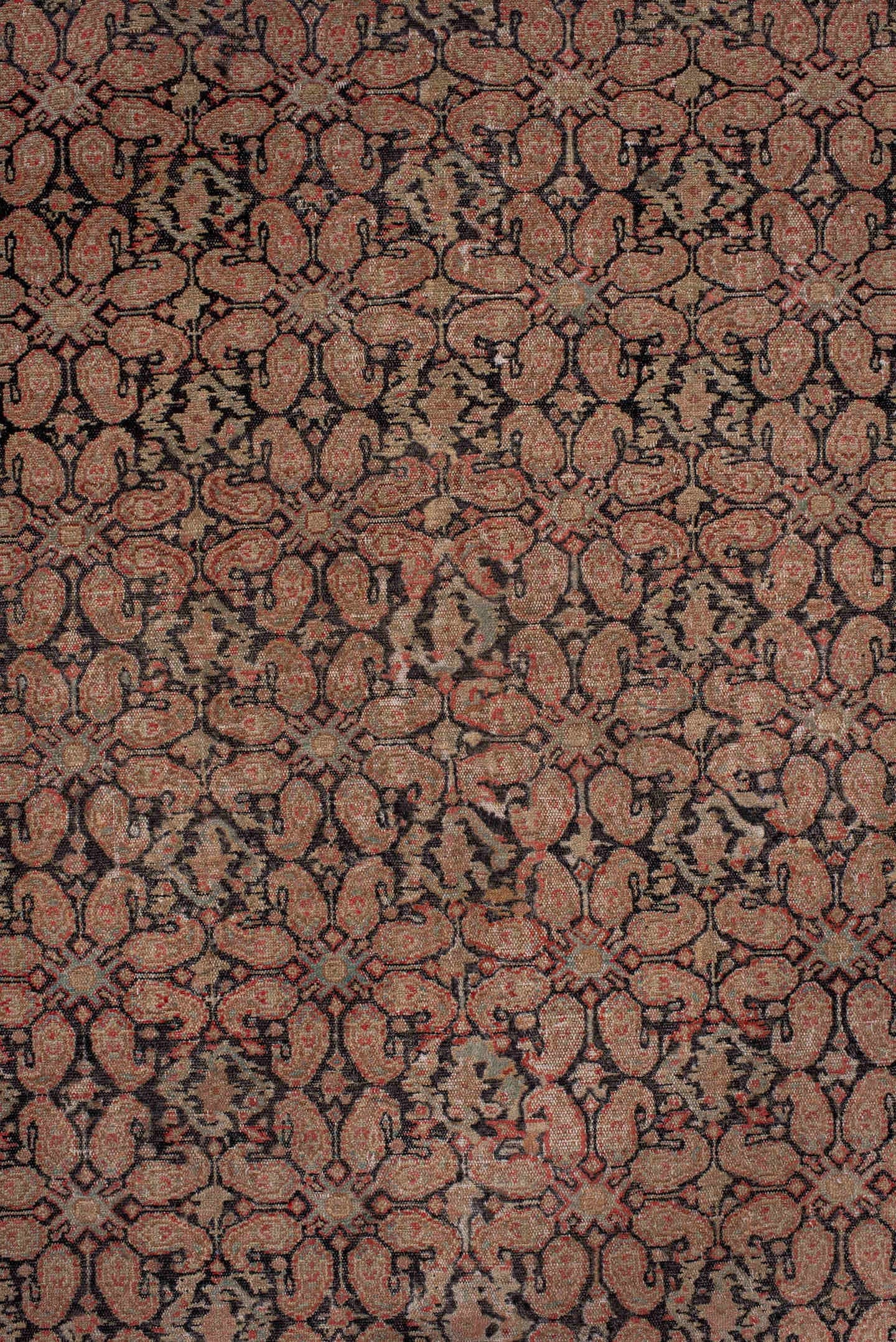 4' x 6' one-of-a-kind handmade antique Senne small size rug. Color palette: rose, rust, ivory, charcoal, taupe, terra cotta