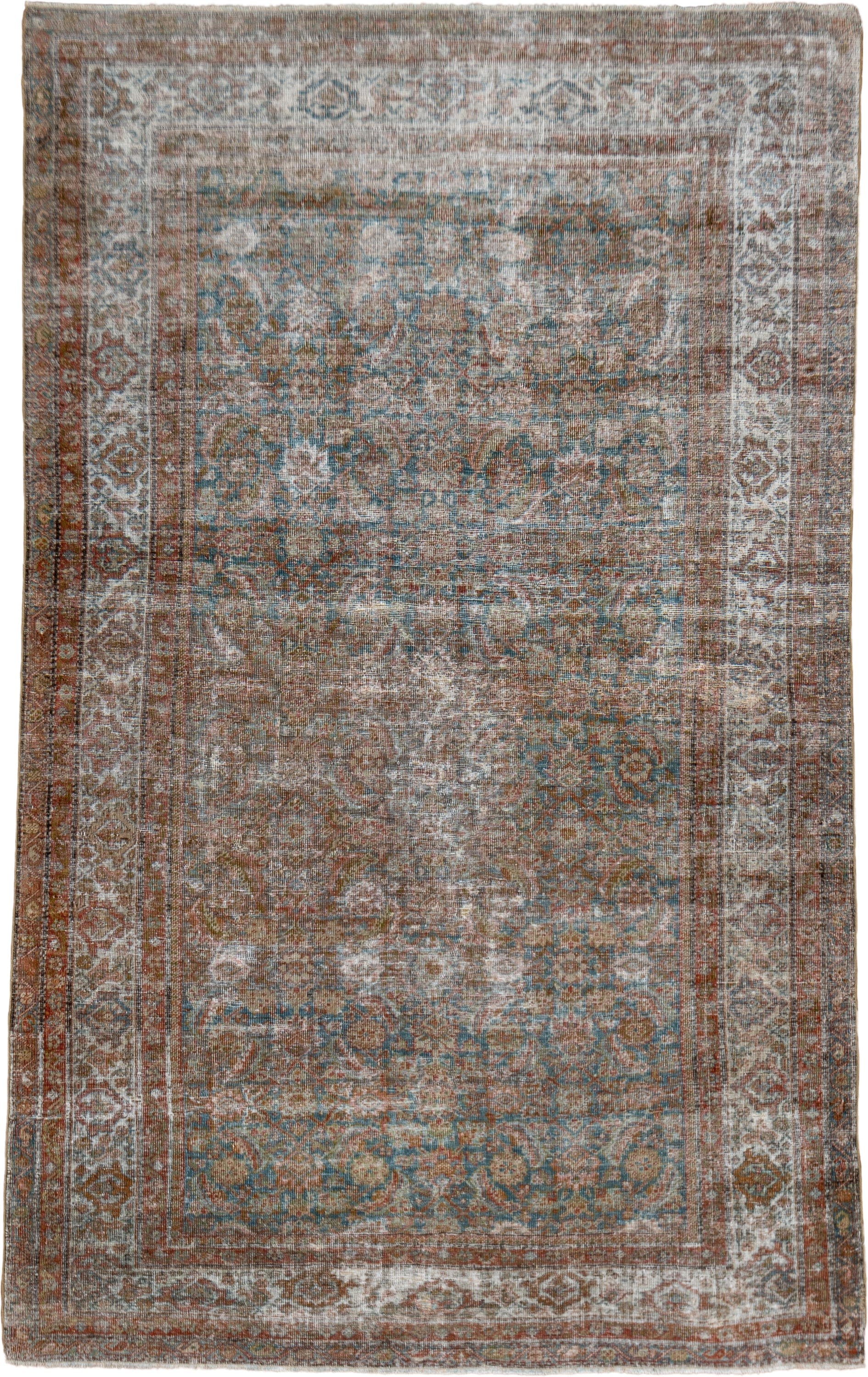 4' x 6' one-of-a-kind handmade antique Farahan small size rug. Color palette: rust, ivory, aqua, taupe, brown, slate