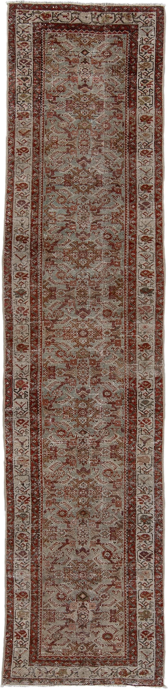 3' x 10' one-of-a-kind handmade vintage Malayer runner rug. Color palette: ivory, rust, taupe, brown, camel, terracotta