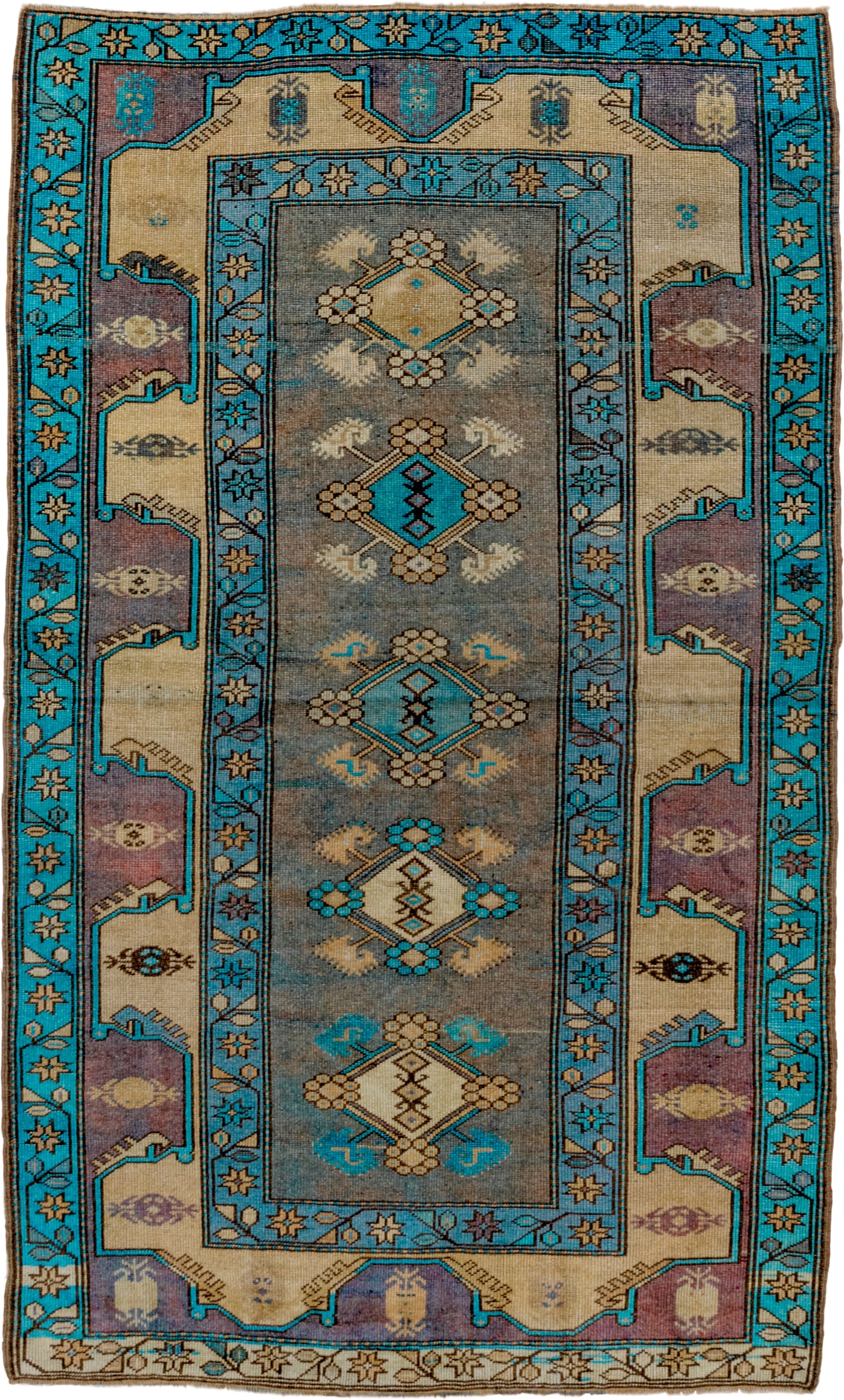 4' x 6' one-of-a-kind handmade antique Anatolian small size rug. Color palette: turquoise, ivory, taupe, slate, plum