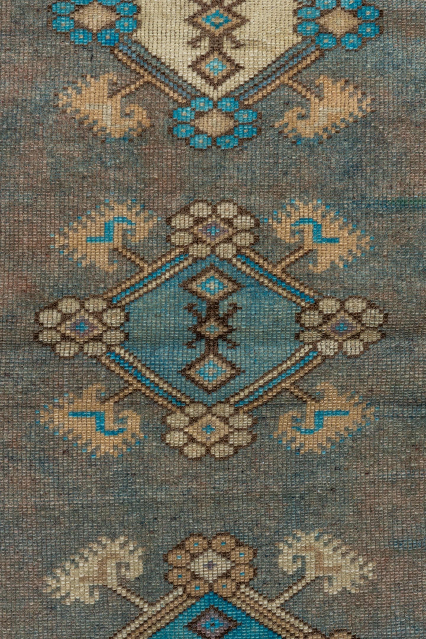 4' x 6' one-of-a-kind handmade antique Anatolian small size rug. Color palette: turquoise, ivory, taupe, slate, plum