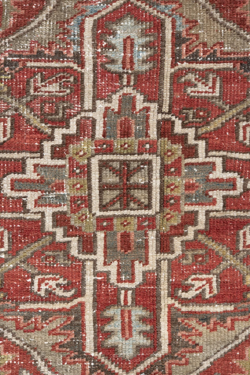 8' x 11' one-of-a-kind handmade antique Heriz large size rug. Color palette: ivory, rust, brick red, taupe, brown