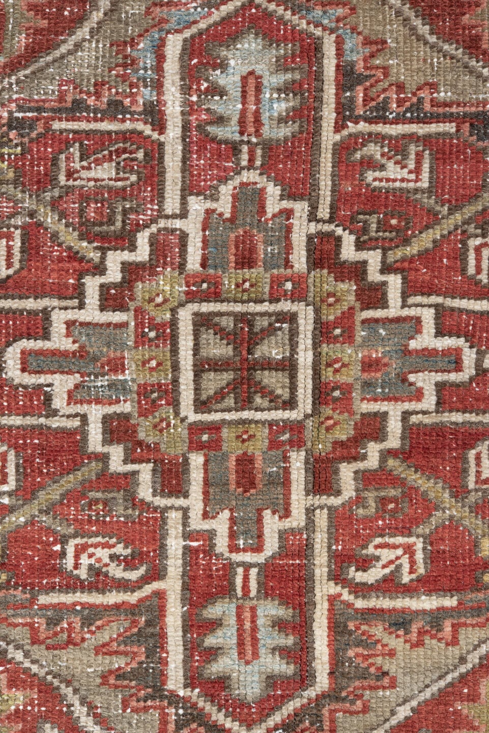 8' x 11' one-of-a-kind handmade antique Heriz large size rug. Color palette: ivory, rust, brick red, taupe, brown