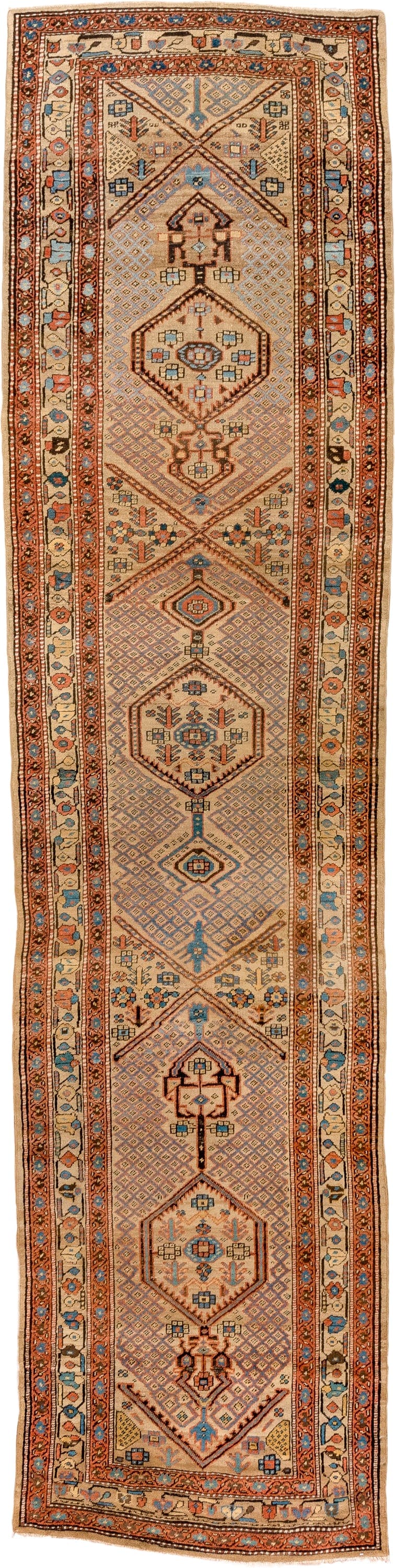 3' x 13' one-of-a-kind handmade antique Sarab runner rug. Color palette: ivory, rust, sky_blue, indigo, camel, terracotta