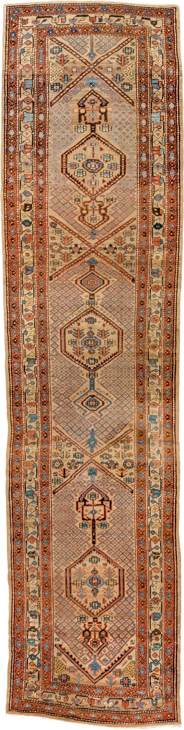 3' x 13' one-of-a-kind handmade antique Sarab runner rug. Color palette: ivory, rust, sky_blue, indigo, camel, terracotta