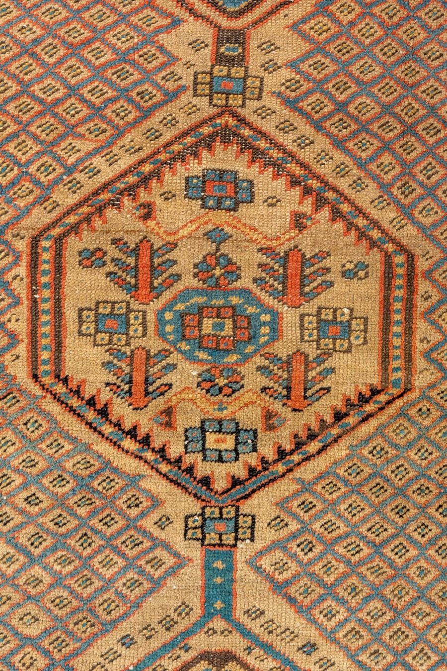 3' x 13' one-of-a-kind handmade antique Sarab runner rug. Color palette: ivory, rust, sky_blue, indigo, camel, terracotta