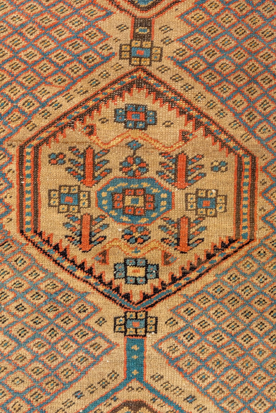 3' x 13' one-of-a-kind handmade antique Sarab runner rug. Color palette: ivory, rust, sky_blue, indigo, camel, terracotta