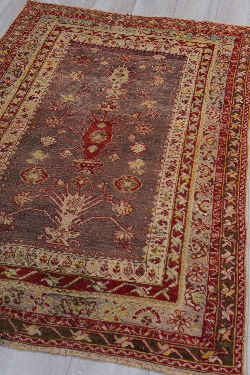 4' x 5' one-of-a-kind handmade vintage Anatol small size rug. Color palette: brown, gray, light gray, off-white, orange