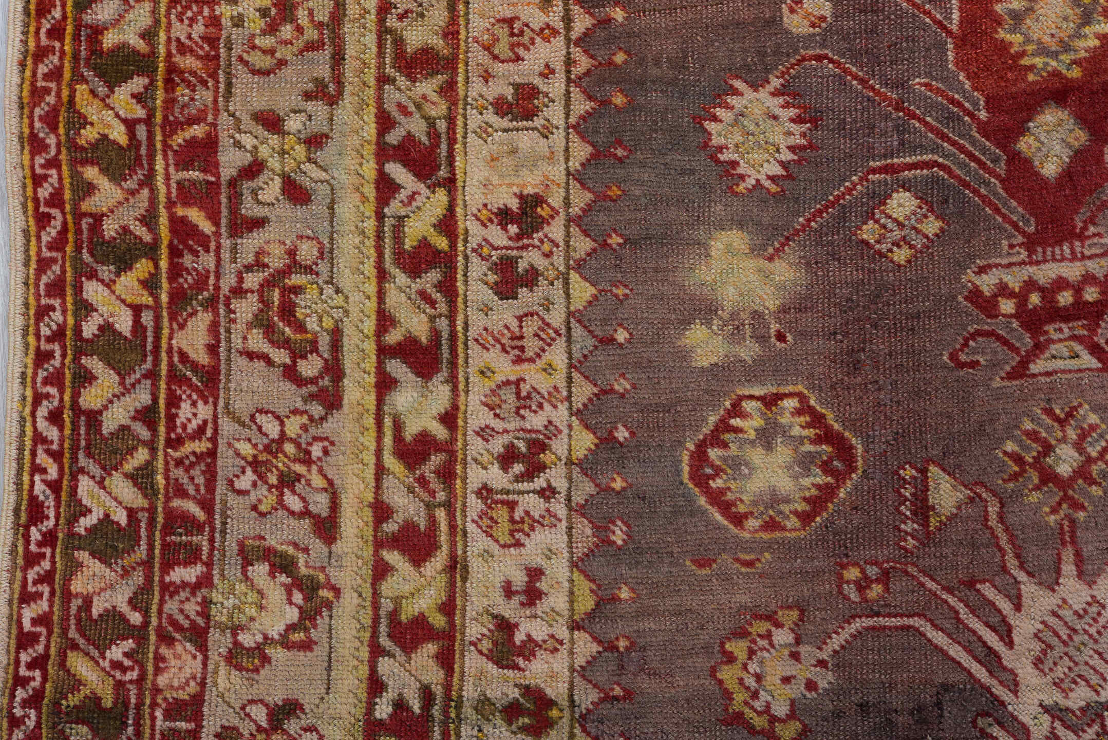 4' x 5' one-of-a-kind handmade vintage Anatol small size rug. Color palette: brown, gray, light gray, off-white, orange
