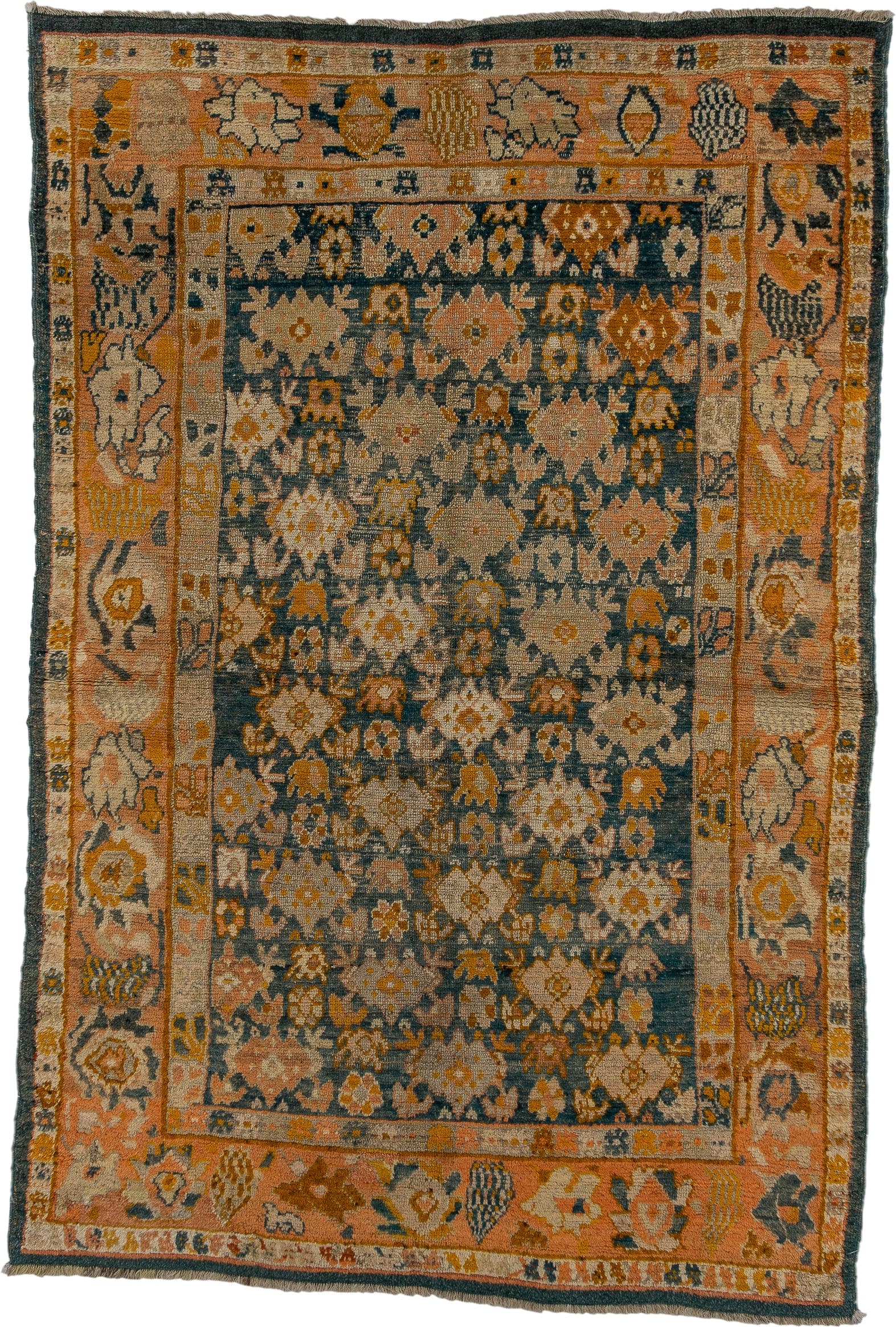 4' x 6' one-of-a-kind handmade vintage Anr rug. Color palette: blue, peach, ivory, gold, taupe, charcoal, camel, terracotta